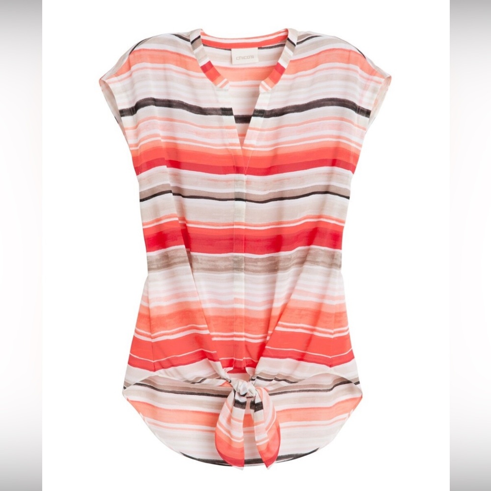 Chico's Cassandra Red-Striped Cap Sleeve Sheer Top